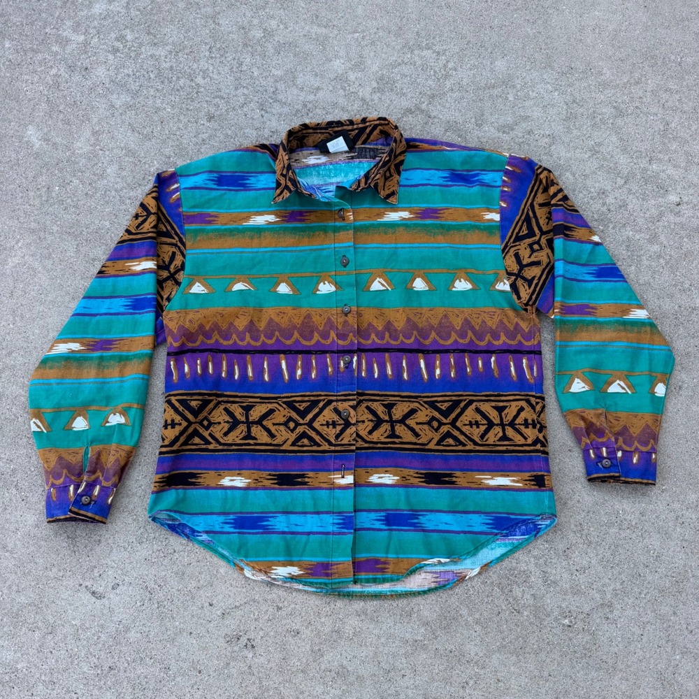 ROUGHRIDER | Women Button Down Shirt Medium Teal Purple Southwestern Vintage 90s